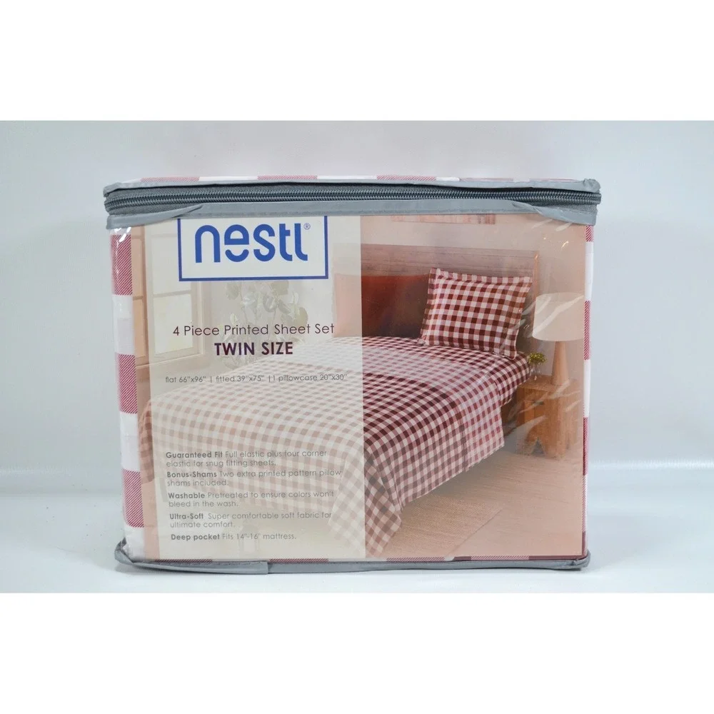 Nestl Extra Deep Pocket Twin Size Sheets Ultra Soft 4-Piece Set Red White‎ Check